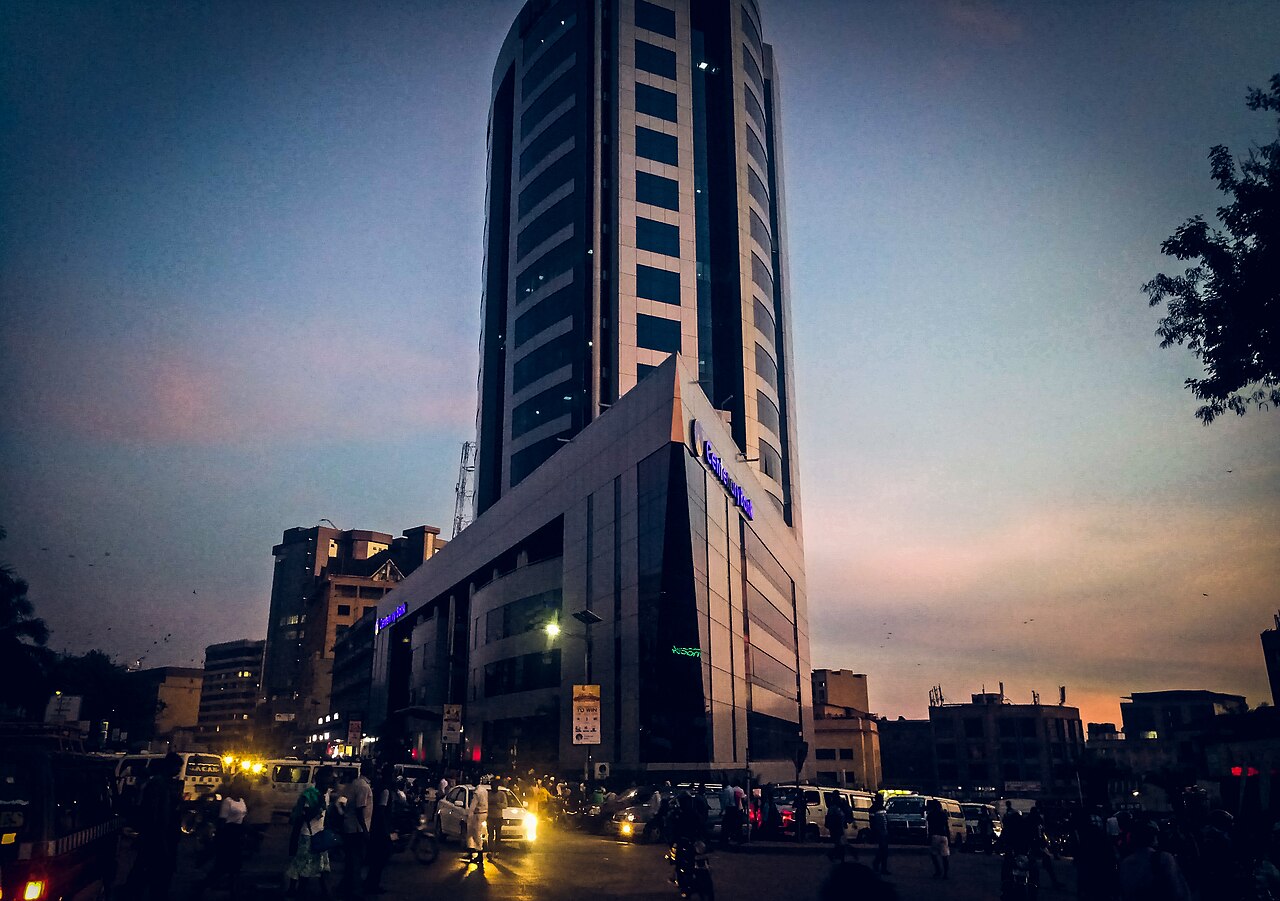 Mapeera House, Centenary Bank headquarters in Kampala, at dusk